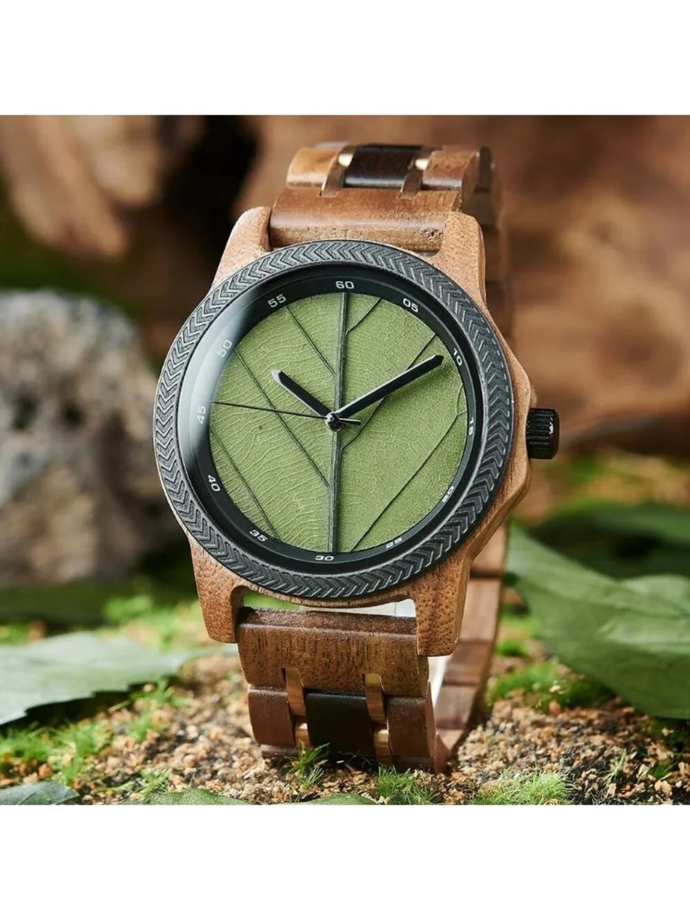 Men's Green Natural Japanese Quartz Minimalist Style Unique Real Wooden Watch
